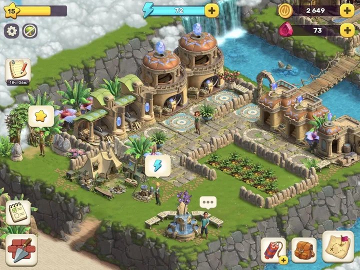 Base do Atlantis Odyssey numa ilha com fornos de cúpula e cristais azuis, horta cercada, fonte, cascata e barra de energia em 72