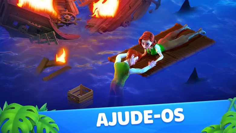 Abertura do Atlantis Odyssey: navio a arder à esquerda, uma mulher deitada numa jangada, um homem na água e barbatanas de tubarão à volta