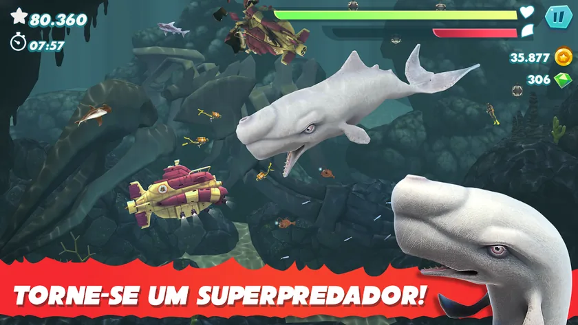 Cachalote branco do Hungry Shark Evolution a nadar entre rochas escuras, com dois submarinos e mergulhadores pequenos à volta