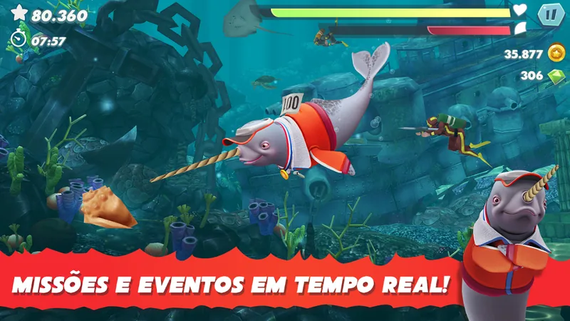Narval de colete laranja com dorsal 100 no Hungry Shark Evolution, diante de um casco afundado com corrente de âncora e um mergulhador de arpão