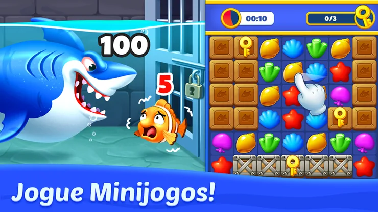 Minijogo do Ocean Match: tubarão azul com 100 frente a um peixe-palhaço aflito com 5, e tabuleiro com chaves, relógio em 00:10 e contador 0/3