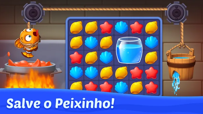 Peixe-palhaço amarrado por cima de uma panela ao lume no Ocean Match, tabuleiro de conchas e estrelas com um aquário de água ao centro e um balde furado