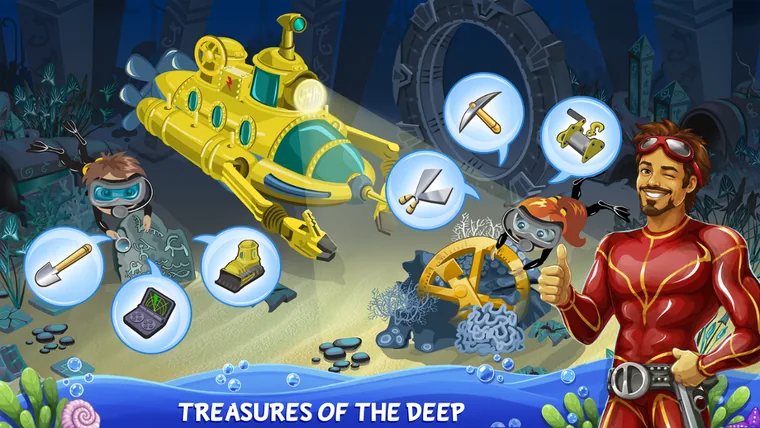 Seis ferramentas em bolhas do Treasure Diving, entre elas picareta, pá e detetor, à volta de um submarino amarelo e de uma roda de leme no fundo