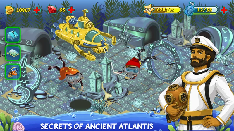 Submarino amarelo do Treasure Diving sobre ruínas com runas e obeliscos, dois mergulhadores e um capitão a segurar um capacete de escafandro
