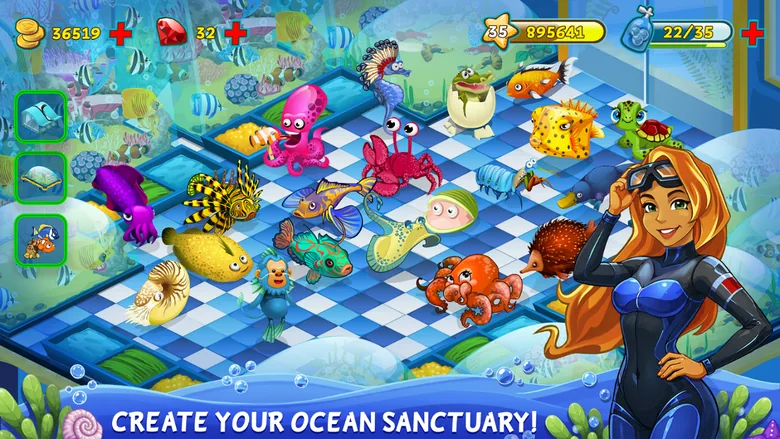 Santuário do Treasure Diving em chão aos quadrados com polvo, peixe-leão, nautilus, cavalo-marinho, tartaruga e um ornitorrinco, e uma mergulhadora de fato azul
